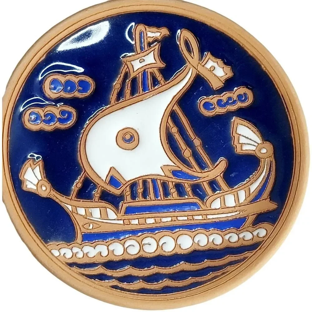 Vintage Set of‎ 3 Handmade Plates By Bonis Pottery In Rhodes Greece Viking Boats